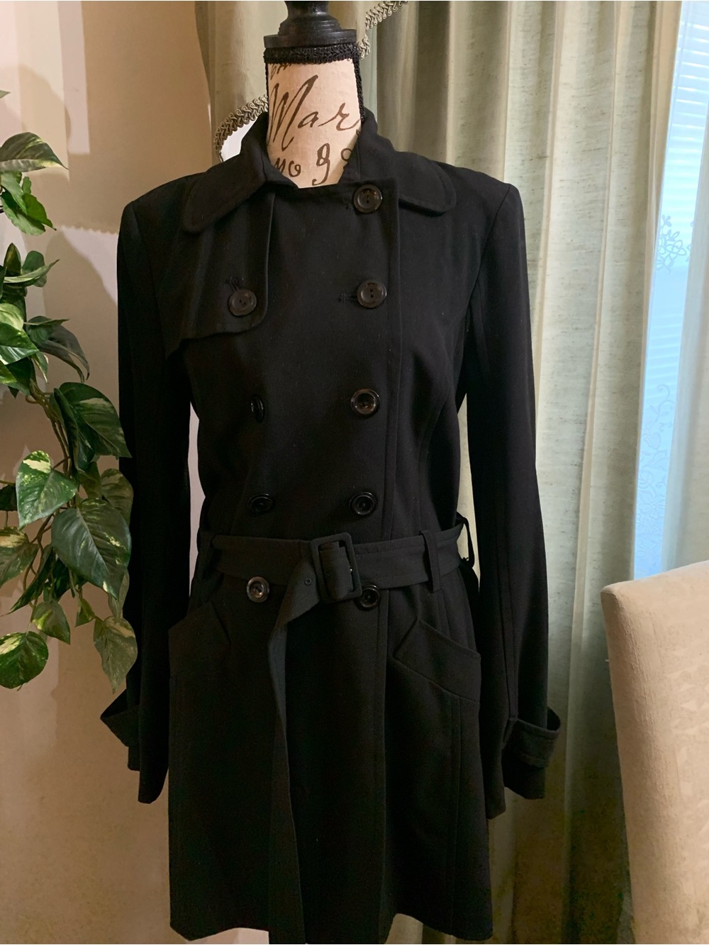 Women’s Black Double-Breasted Trench Dress Coat with Belt